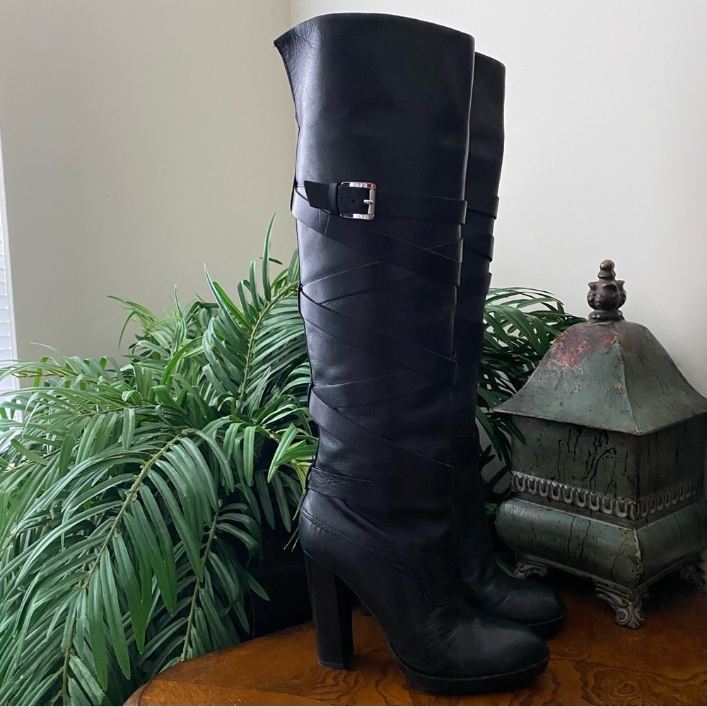 Michael Kors Knee High Greenwich Belted Black Leather Boots